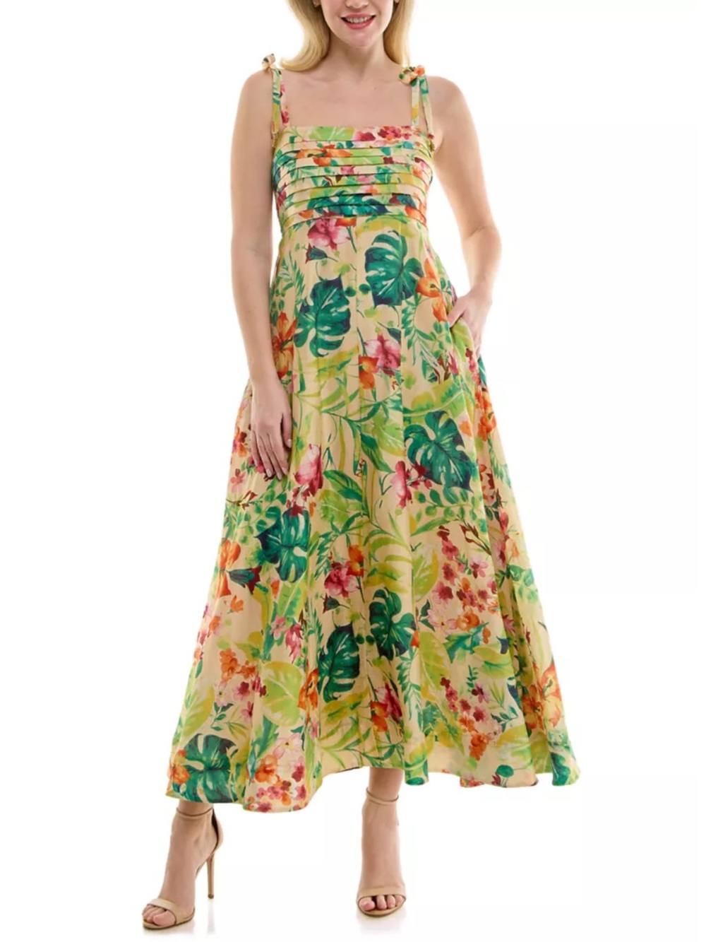 Women's Pleated Tropical Square Neck Dress Size 3x